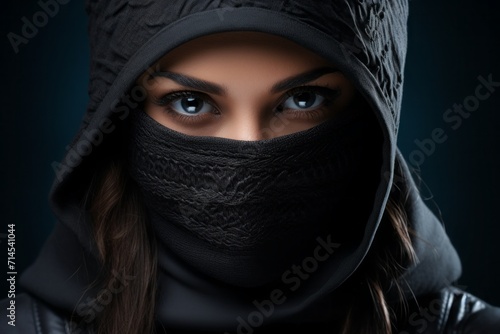 a girl in a black balaclava, a close-up portrait. A young woman covers her face with a mask, gaze of beautiful eyes.