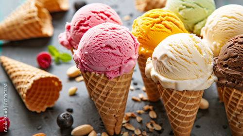 various of ice cream flavor in cones almond. Ai Generative photo