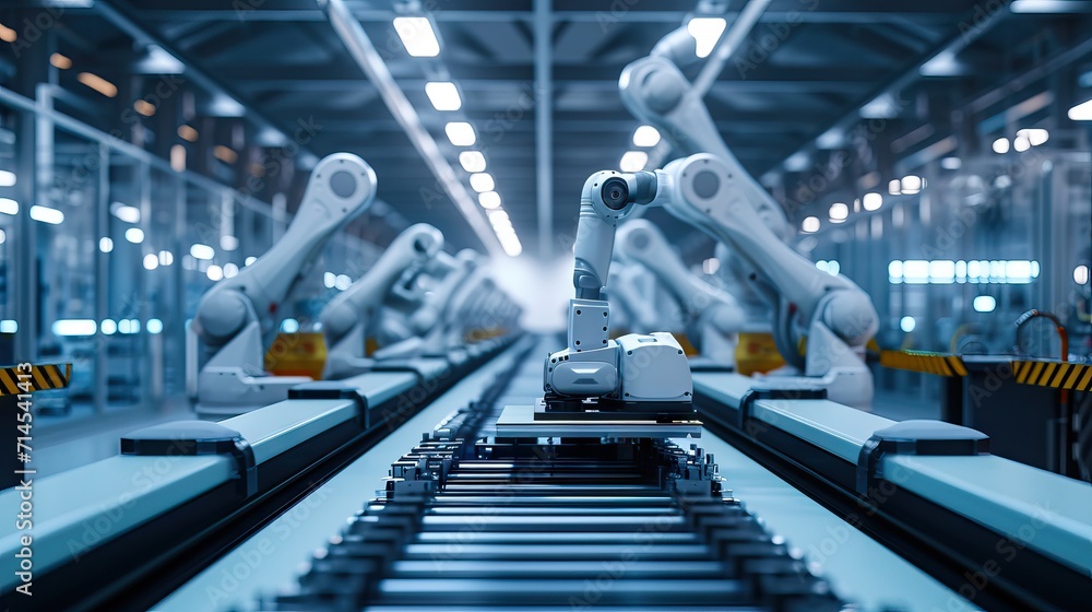 White Robot Arms on Automated EV Battery Components Production Line. Electric Car Battery Pack Manufacturing Process. Conveyor Belt on a Modern Factory. - obrazy, fototapety, plakaty 