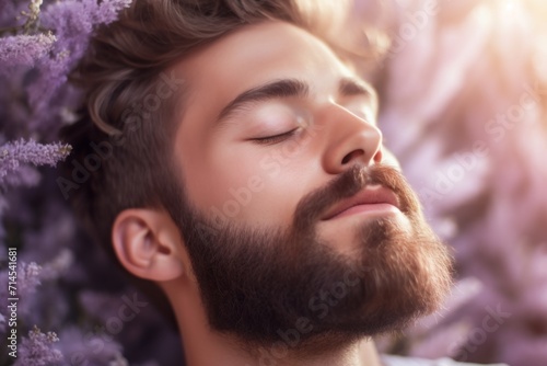 A handsome man with his eyes closed on a lavender background. Portrait of a sleeping male person. Health and well-being  hypnosis and aromatherapy  alternative medicine 