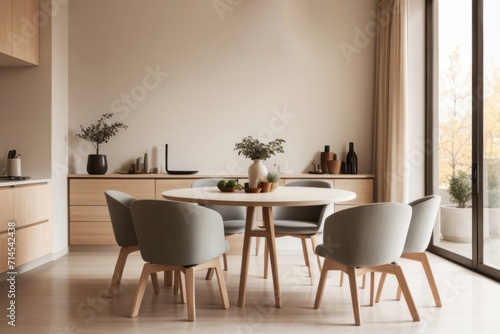 Japandi Interior home design of modern dining room with chairs and round wooden dining table with wooden furniture and houseplants on beige stucco wall