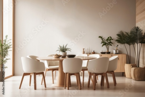Japandi Interior home design of modern dining room with chairs and round wooden dining table with wooden furniture and houseplants on beige stucco wall