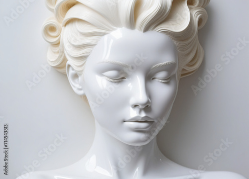 white glossy latex mask of a beautiful woman, white glossy, latex surface in the shape of a human face 