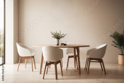 Japandi Interior home design of modern dining room with chairs and round wooden dining table with wooden furniture and houseplants on beige stucco wall