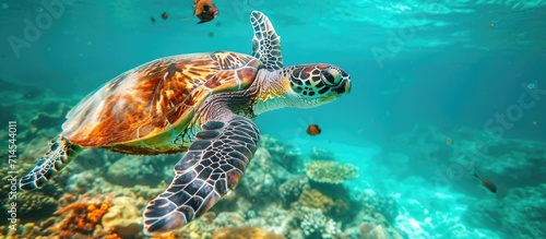 Green sea turtle swimming with fish, remora fish attached.