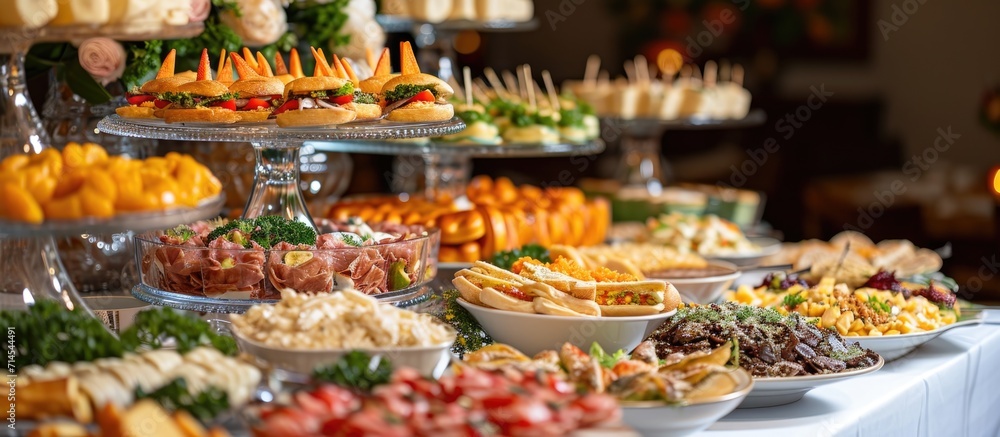 Exquisitely adorned banquet table showcasing various snacks, appetizers, and sandwiches.