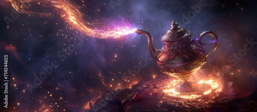 Magical genie emerging from lamp, granting wishes. photo