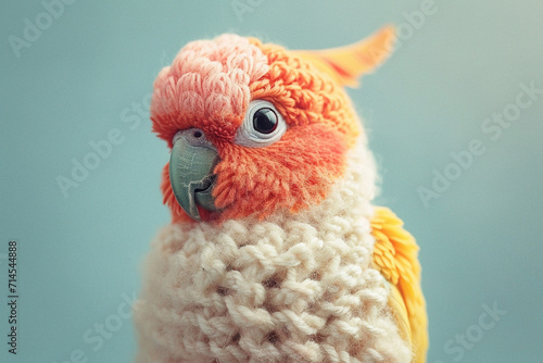 A depiction of a knitted Parrot, on a pastel coloored backgrond. © Oleksandr