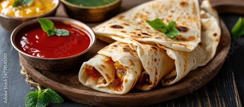 Popular Indian school lunch option: Chapati Roll with tomato ketchup or fruit jam/jelly, selective focus. © 2rogan