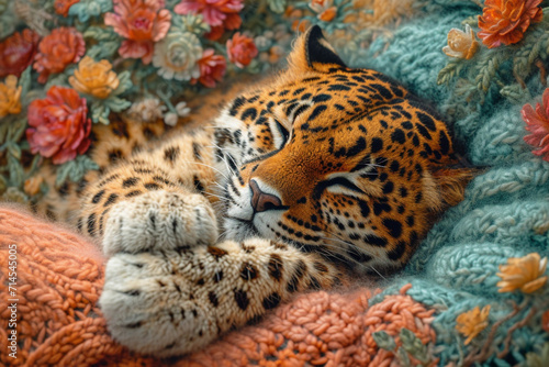 A depiction of a knitted Leopard, on a pastel coloored backgrond.