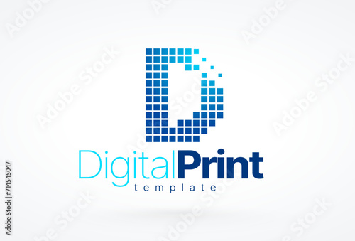 Logo Digital Print. Letter D it consists of squares. Printing theme. Template design vector. White background.
