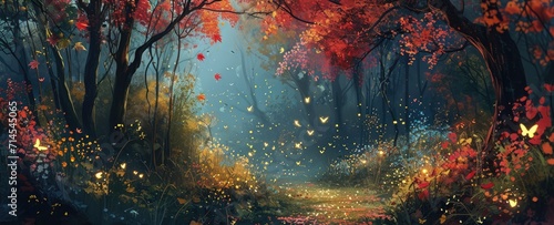 Enchanted autumn forest scene with magical glowing butterflies. Fantasy and nature photo