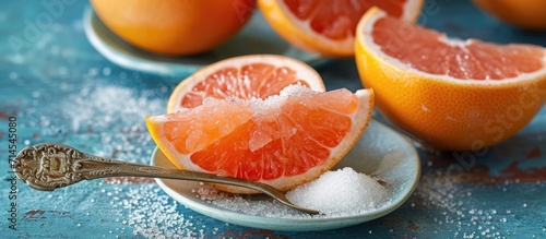Citrus dessert: Red grapefruit with sugar in a tea-spoon.