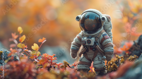 An image of a knitted astronaut, complete with a detailed spacesuit and a small space shuttle.