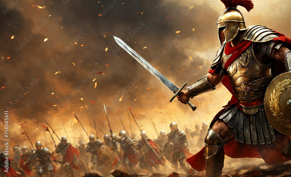 Roman male legionary (legionaries) wear helmet with crest, long sword and scutum shield, heavy infantryman, realistic soldier of the army of the Roman Empire, on Rome background. Warrior Gladiator - obrazy, fototapety, plakaty 
