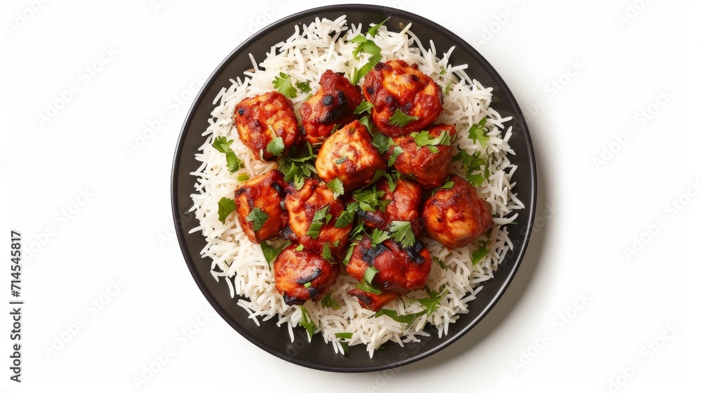 Savor the authentic flavors of Indian cuisine with this vibrant image featuring tandoori chicken and aromatic rice on a black plate, isolated on white background Savor the authentic flavors of Indian cuisine with this vibrant image featuring tandoori chicken and aromatic rice on a black plate, isolated on white background
