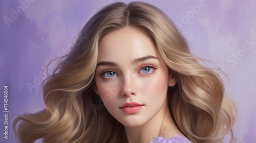 Portrait of a beautiful woman, with blonde hair and blue eyes, glossy lips, a messy modern updo, ultra-detailed hair, a nice smile, very realistic textures, roses on one side of the head Generated AI