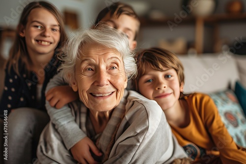 Happy Elderly with Grandchildren Smiling Senior with Loving Family