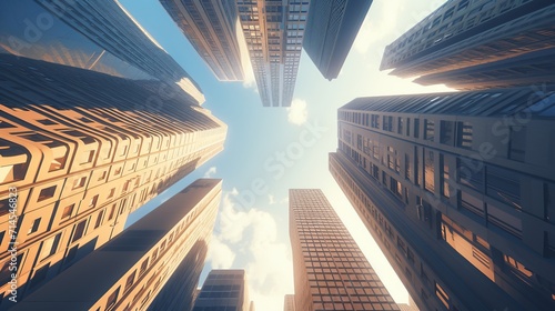 Business office buildings from bottom view or reflective skyscrapers concept. Created with Generative AI photo