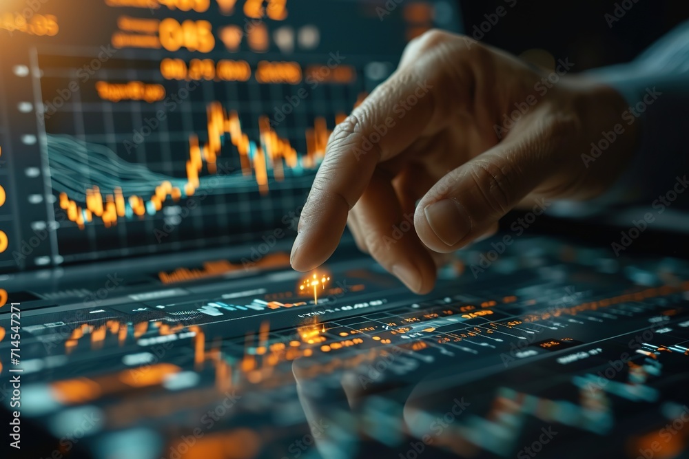 finger touch screen stock monitor pointing to analyze financial investment graphs, generative ai. finger touch screen stock monitor pointing to analyze financial investment graphs, generative ai.