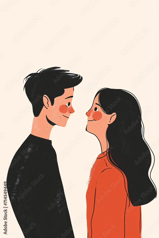 a couple looking at easy other and smiling vector cartoon illustrations with copy space for Valentine;'s Day card
