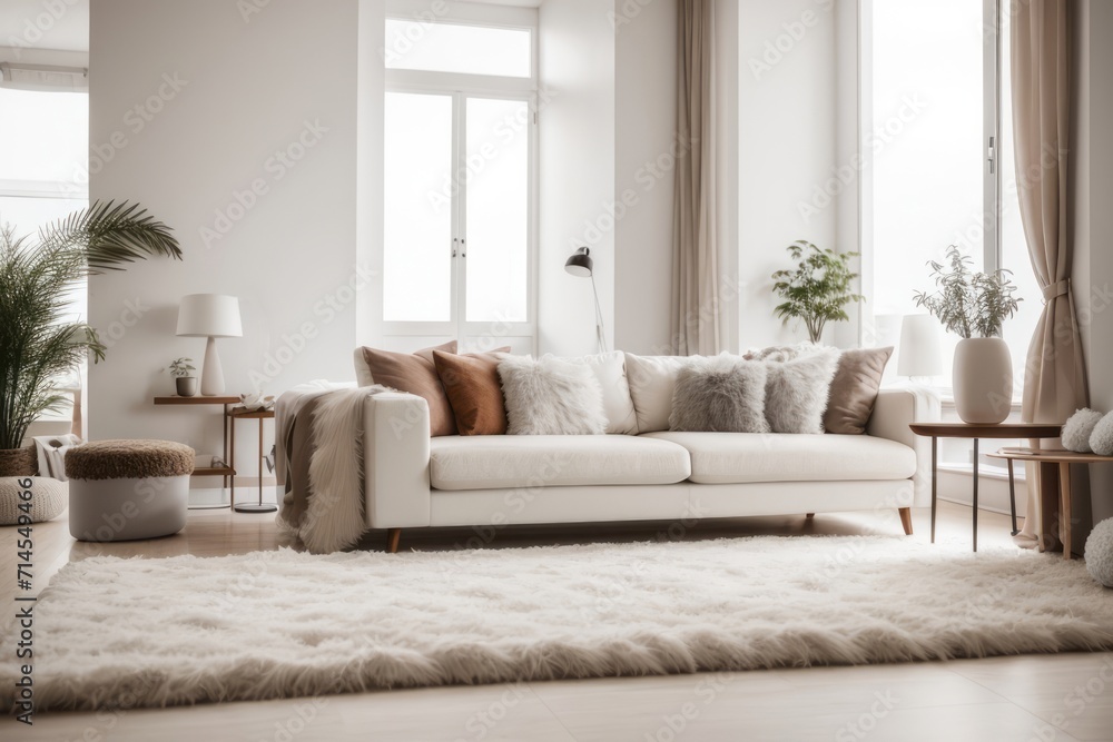 Scandinavian interior home design of modern living room with white sofa and fur rug on white wall with copy space near the window