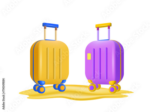 Yellow and purple suitcase on a white background. Plastic suitcase bag in cartoon style. Vector 3D icons.