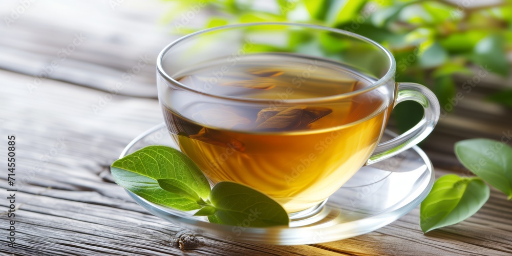 Cup of freshly brewed Tea on a rustic wooden table Cup of freshly brewed Tea on a rustic wooden table