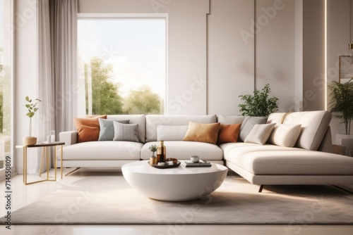 Interior home design of modern living room with white sofa  round table and glamorous colorful pillows