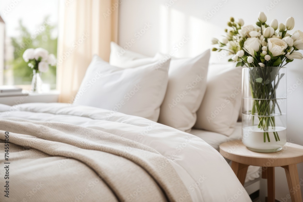 Scandinavian interior home design of modern bedroom with glass vase with a bouquet of white flowers next to a beige bed Scandinavian interior home design of modern bedroom with glass vase with a bouquet of white flowers next to a beige bed