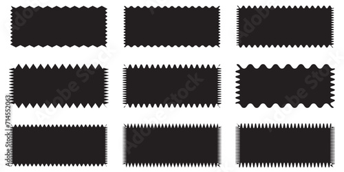 Zig zag edge rectangle shape collection. Jagged rectangular elements set. Black graphic design elements for decoration, banner, poster, template, sticker, badge , collage. Vector illustration