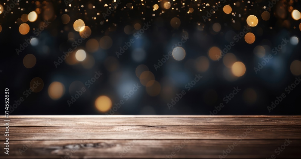 Dark wooden tabletop with a beautiful bokeh effect of twinkling lights, suitable for product display presentations. Dark wooden tabletop with a beautiful bokeh effect of twinkling lights, suitable for product display presentations.