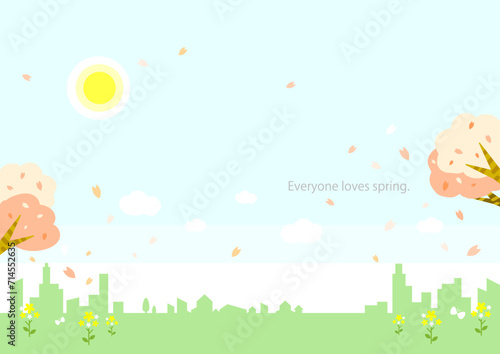 春の背景素材　都市　桜　菜の花　シンプルでお洒落な背景イラスト
