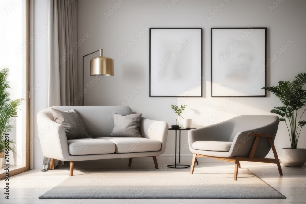 Fototapeta premium Scandinavian interior home design of modern living room with gray armchair and empty mockup poster frame on gray wall near window