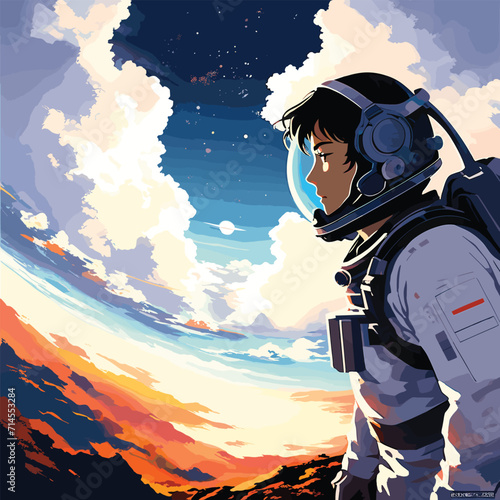 Astronaut in a space suit is flying in space next to planets and stars. AI Generated