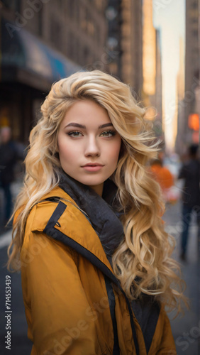 Beautiful American woman with blond, brown, curved hair looking at the camera, Generative Ai