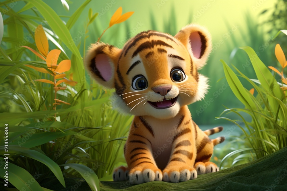 A baby tiger rendered in a colorful, children friendly cartoon animation fantasy style - obrazy, fototapety, plakaty 