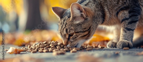 Outdoor park close up of street cat eating pet food, demonstrating care for homeless animals. photo
