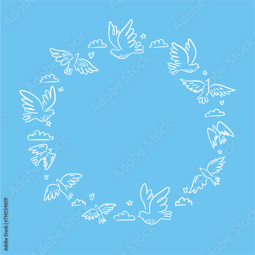 Vector round illustration with a collection of birds flying in the sky  pigeons  hand-drawn in the style of doodles