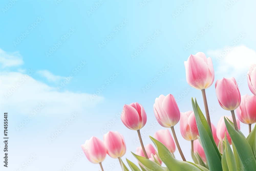Pink tulips on a blue sky background. with copy space. for valentine, birthday, wedding, invitation, card, greeting, presentation, celebration, banner Pink tulips on a blue sky background. with copy space. for valentine, birthday, wedding, invitation, card, greeting, presentation, celebration, banner