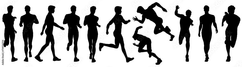 collection of different silhouette walking and running male character, isolated vector, transparent