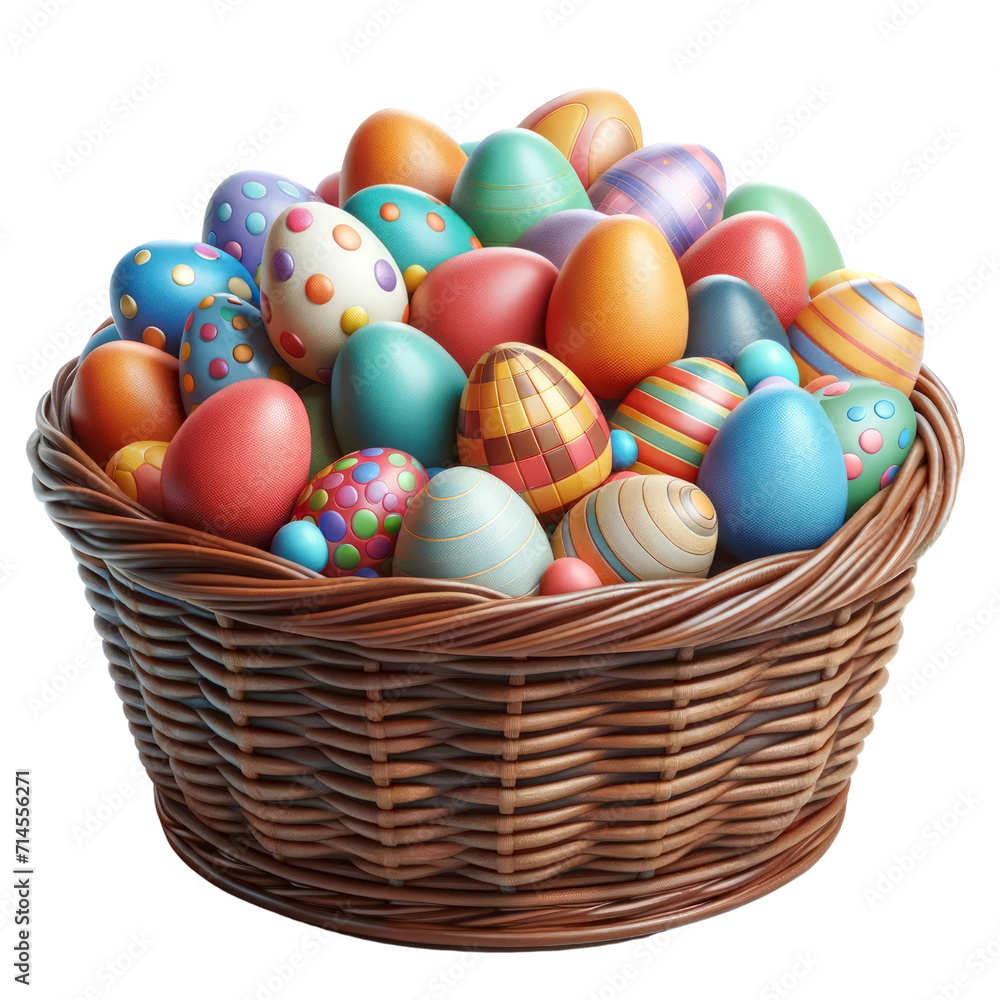 basket filled with colorful Easter eggs, Easter Sunday ,3D rendering png , isolated on a transparent background