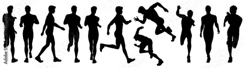 collection of different silhouette walking and running male character, isolated vector, transparent