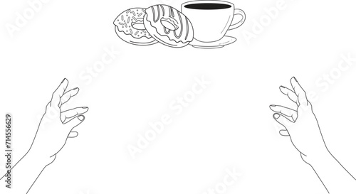 Two hands grabbing a cup of coffee and two donuts