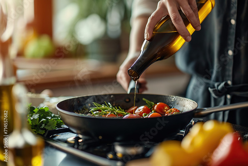 A person is preparing a nutritious meal using MCT oil as the main ingredient. photo