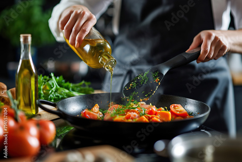 A person is preparing a nutritious meal using MCT oil as the main ingredient. photo