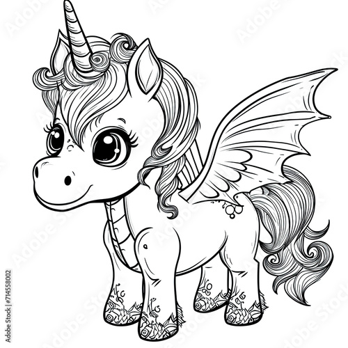 Cute unicorn dragon coloring page Colorless transparent background