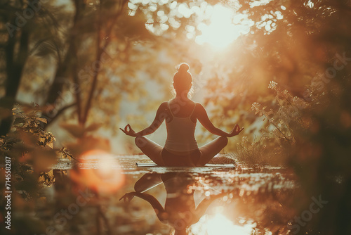 Person in yoga pose surrounded by nature Emphasis on the connection between the mind and body. photo