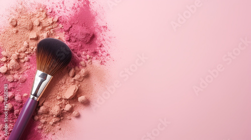 makeup brush and scattered blush on pink background photo