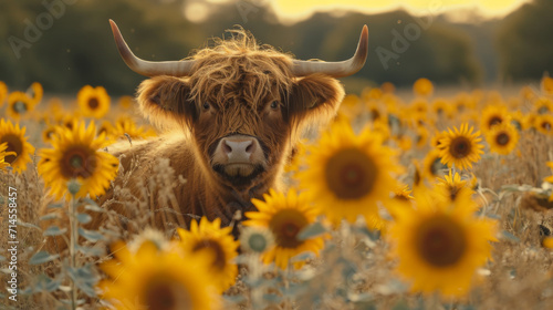 Highland Cow Amidst Sunflower Field at Sunset.